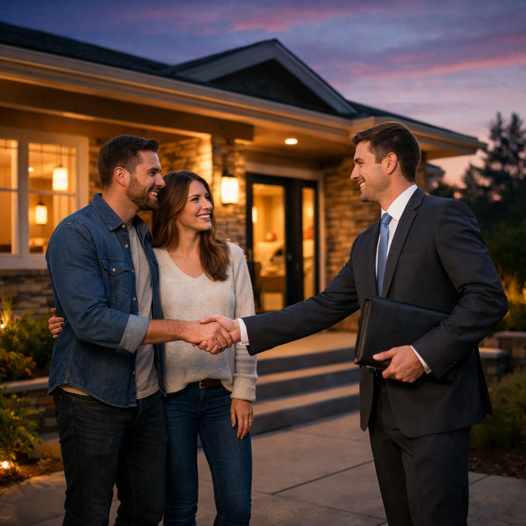 Couple shaking hands with realtor in front of house at dusk