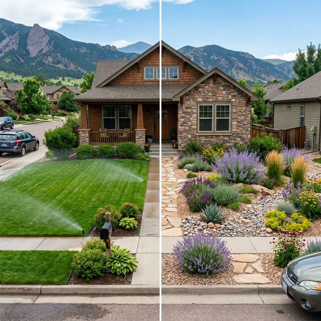Split view of a house with traditional green lawn on left and drought-tolerant xeric landscape on right